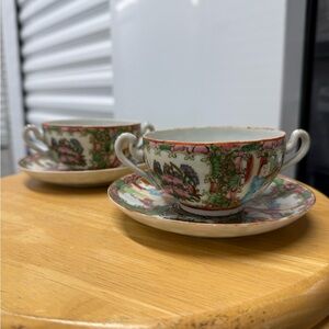 Pair of Double Handle Rose Medallion Teacups